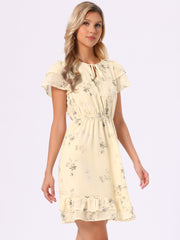 Ruffle Sleeve V Neck Above Knee A-Line Floral Chiffon Dress