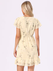 Ruffle Sleeve V Neck Above Knee A-Line Floral Chiffon Dress