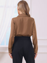 Button Up Notched Lapel Long Sleeve Satin Bodysuit