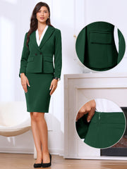2 Pieces Notched Lapel Double Breasted Blazer & Midi Pencil Skirt Formal Suit Set