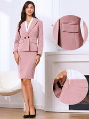 2 Pieces Notched Lapel Double Breasted Blazer & Midi Pencil Skirt Formal Suit Set