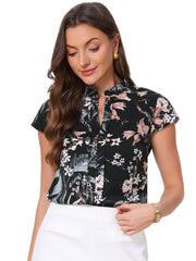 Satin Work Floral Vintage Stand Collar Cap Sleeve Blouse