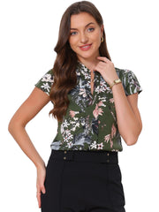 Satin Work Floral Vintage Stand Collar Cap Sleeve Blouse