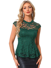 Crochet Peplum Floral Mock Neck Cap Sleeve Lace Blouse