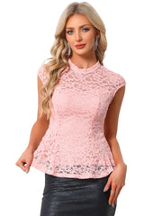 Crochet Peplum Floral Mock Neck Cap Sleeve Lace Blouse