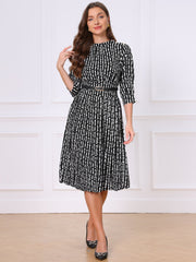 Boat Neck 3/4 Sleeve Belted Business Casual A-Line Dress