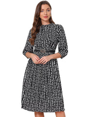 Boat Neck 3/4 Sleeve Belted Business Casual A-Line Dress