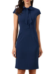 Work Bow Tie Neck Cap Sleeve Side Zipper Sheath Dress