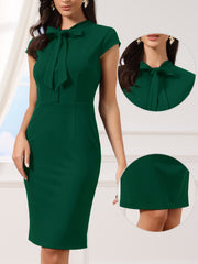Work Bow Tie Neck Cap Sleeve Side Zipper Sheath Dress