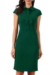Work Bow Tie Neck Cap Sleeve Side Zipper Sheath Dress