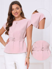 Cap Sleeve Boat Neck Office Work Belted Tops