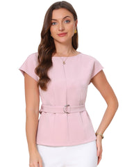 Cap Sleeve Boat Neck Office Work Belted Tops