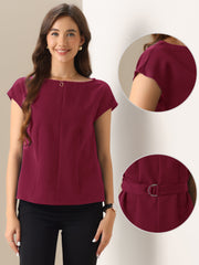 Cap Sleeve Boat Neck Office Work Belted Tops