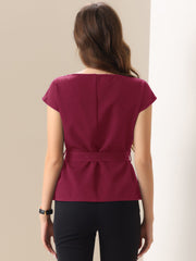 Cap Sleeve Boat Neck Office Work Belted Tops