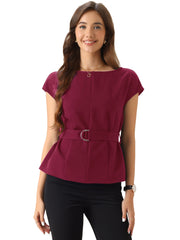 Cap Sleeve Boat Neck Office Work Belted Tops