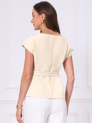 Cap Sleeve Boat Neck Office Work Belted Tops