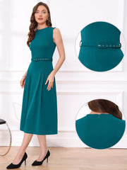 Work Sleeveless Crew Neck Belted A-Line Office Dress