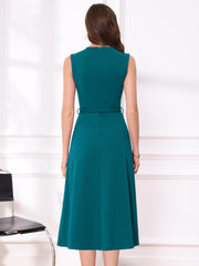 Work Sleeveless Crew Neck Belted A-Line Office Dress