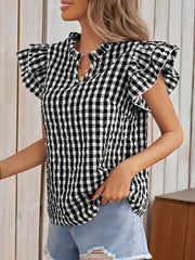 Gingham Double-Layer Ruffled Sleeves Blouse