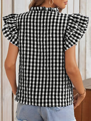 Gingham Double-Layer Ruffled Sleeves Blouse