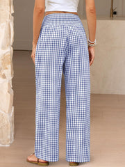 Gingham Elastic Waist Pocket Wide Legs Long Trousers Pants