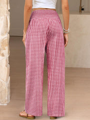 Gingham Elastic Waist Pocket Wide Legs Long Trousers Pants
