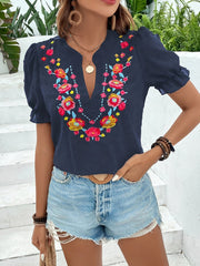 Floral Embroidered Swiss Dots Puff Sleeves Blouse