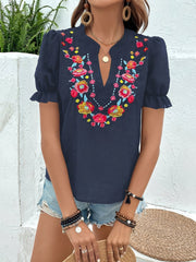 Floral Embroidered Swiss Dots Puff Sleeves Blouse