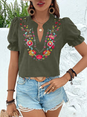 Floral Embroidered Swiss Dots Puff Sleeves Blouse