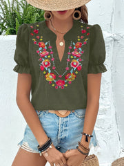 Floral Embroidered Swiss Dots Puff Sleeves Blouse