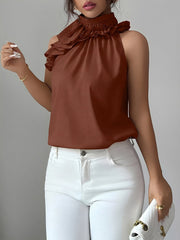 Ruffled Mock Neck Sleeveless Solid Color Blouse