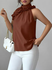 Ruffled Mock Neck Sleeveless Solid Color Blouse