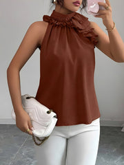 Ruffled Mock Neck Sleeveless Solid Color Blouse