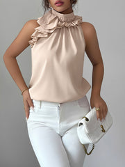 Ruffled Mock Neck Sleeveless Solid Color Blouse