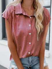 Gingham Button Down Cap Sleeve Blouse