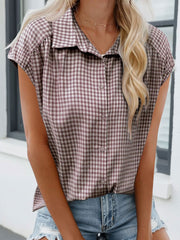 Gingham Button Down Cap Sleeve Blouse