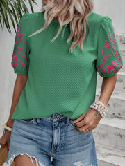 Floral Embroidered Round Neck Puff Short Sleeve Blouse