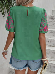 Floral Embroidered Round Neck Puff Short Sleeve Blouse