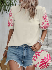 Floral Embroidered Round Neck Puff Short Sleeve Blouse