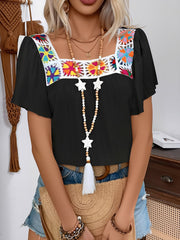 Square Neck Crochet Floral Short Sleeve Blouse