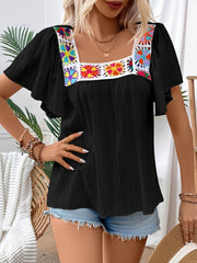 Square Neck Crochet Floral Short Sleeve Blouse