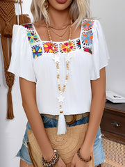 Square Neck Crochet Floral Short Sleeve Blouse