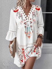 Bohemian 3/4 Bell Sleeve Floral Printed Resort Dress