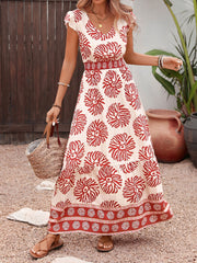 Floral Petal Sleeves Smocked Waist Resort Maxi Dress