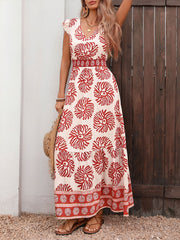 Floral Petal Sleeves Smocked Waist Resort Maxi Dress