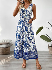 Vacation V Neck Sleeveless Boho Print Midi Dress