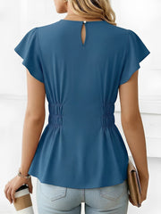 Cotton Round Neck Ruffled Sleeves Smocked Waist Blouse