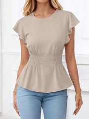Cotton Round Neck Ruffled Sleeves Smocked Waist Blouse