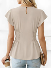 Cotton Round Neck Ruffled Sleeves Smocked Waist Blouse