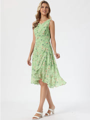 Wrap Ruffle High Low Hem Round Neck Sleeveless Floral Dress